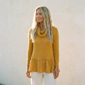 Autumn October Fall sweater cowl neck ochre mustard cozy  yellow orange cardigan